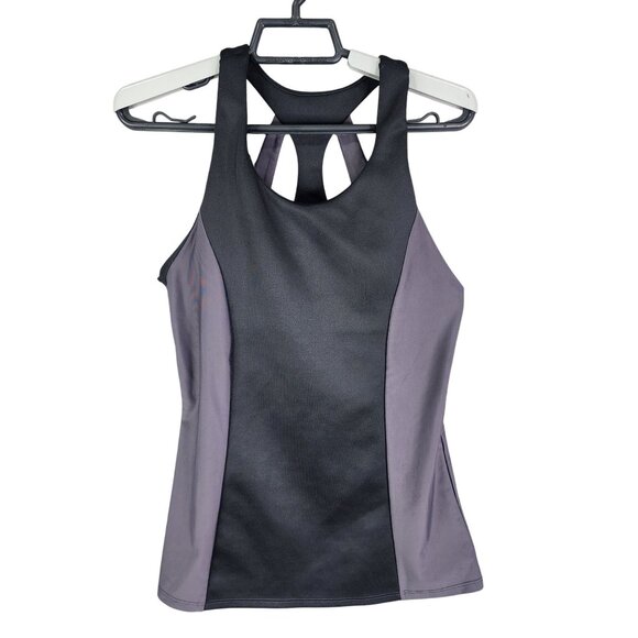 Womens FABLETICS Strappy Athletic Tank Top Built In Bra Black Purple Size S - Picture 1 of 7